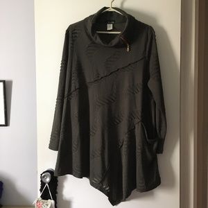 MOONLIGHT Y&S FASHION Olive Green Appliqué Asymmetric Hem Zip Neck Jersey Tunic